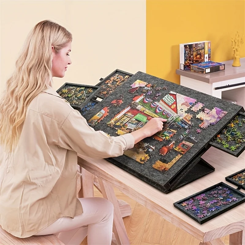 Outdoor Camping Table - 6-Drawer 1500pcs Jigsaw Puzzle Table, Felt